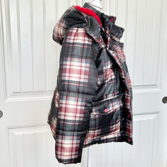 Urban Republic Women's Black & Red Plaid Faux Fur-Lined Hooded Puffer Jacket- Lg - Picture 4 of 12